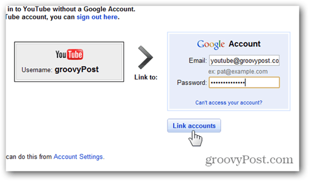 YouTube खाते को नए Google खाते से लिंक करें - खाता और पासवर्ड दर्ज करें