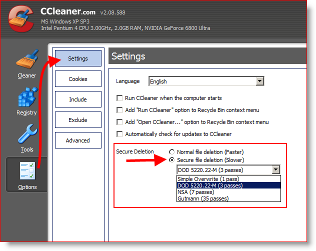 CCleaner को सुरक्षित रूप से पोंछने के लिए कॉन्फ़िगर करें और फ़ाइलों को 3 बार या DOD 5220.22-M हटाएं
