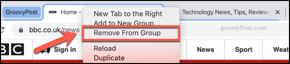 Chrome टैब समूह से एक टैब हटाना