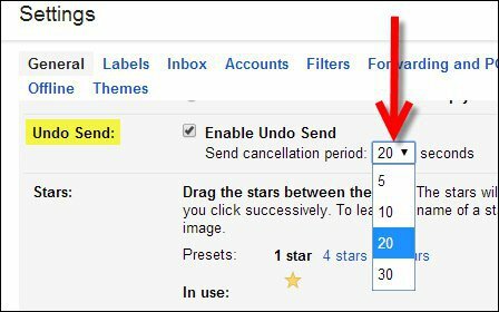 Gmail पूर्ववत करें को रद्द करने की अवधि भेजें