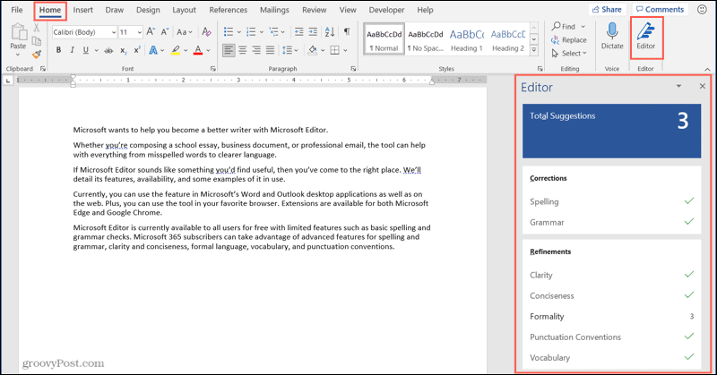 Word डेस्कटॉप में Microsoft Editor बटन और साइडबार