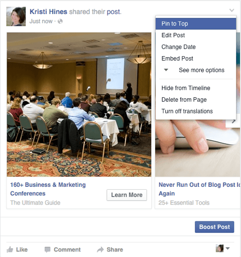 फेसबुक हिंडोला विज्ञापन एक पेज पोस्ट के रूप में पिन फीचर के साथ साझा किया गया है