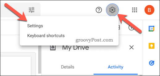 Google डिस्क में सेटिंग खोलें