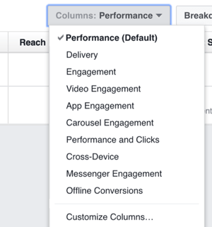 फेसबुक विज्ञापन प्रबंधक में आपके द्वारा देखे गए कॉलम को बदलने के लिए विकल्पों के लिए कॉलम ड्रॉप-डाउन सूची पर क्लिक करें।