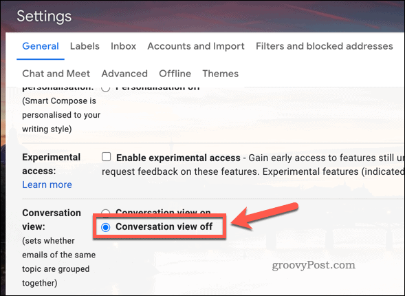 Gmail सेटिंग में वार्तालाप दृश्य अक्षम करें