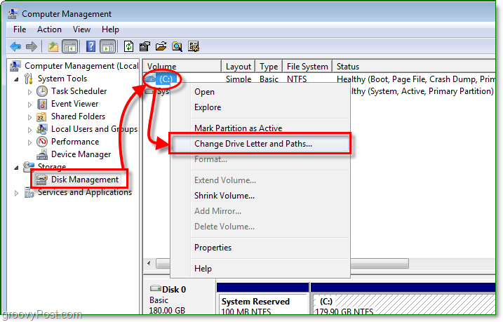 विंडोज़ 7 में परिवर्तन ड्राइव पत्र संवाद में प्रवेश करने के लिए डिस्क प्रबंधन सुविधा का उपयोग करें