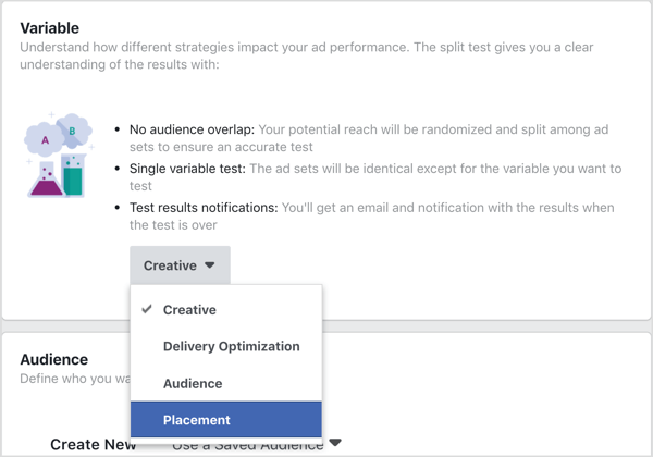 फेसबुक विभाजन परीक्षण के साथ परीक्षण करने के लिए चर के रूप में प्लेसमेंट का चयन करें