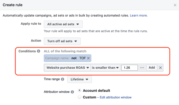 फेसबुक स्वचालित नियमों का उपयोग करें, विज्ञापन सेट बंद करें जब ROAS न्यूनतम, चरण 3, स्थिति सेटिंग्स से नीचे आता है