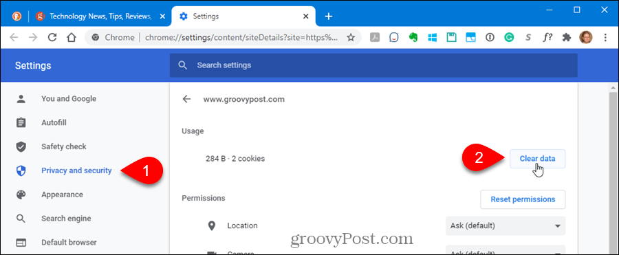 Chrome में गोपनीयता और सुरक्षा सेटिंग में उपयोग के अंतर्गत स्पष्ट डेटा पर क्लिक करें