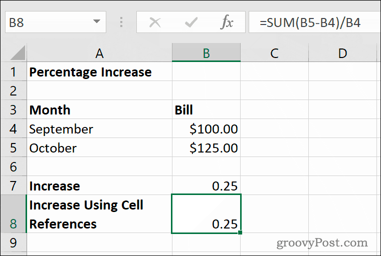 Microsoft Excel में प्रतिशत वृद्धि का एक उदाहरण