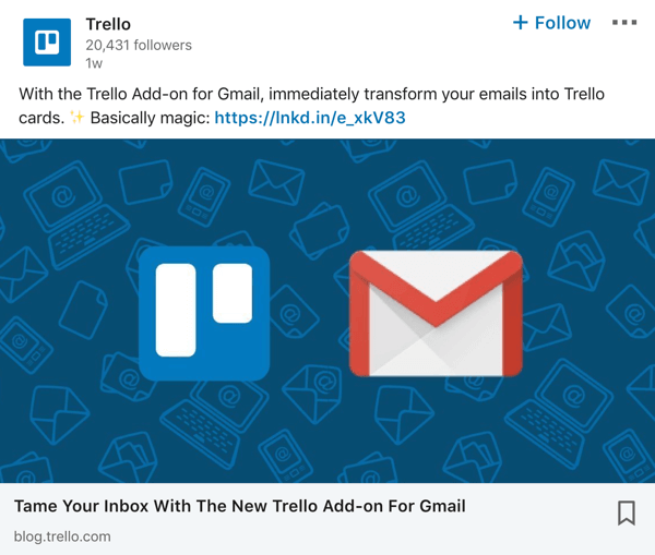 Trello LinkedIn कंपनी पेज पोस्ट उदाहरण।