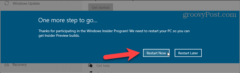 Windows इनसाइडर बिल्ड के लिए साइन अप समाप्त करने के लिए पुनरारंभ करें