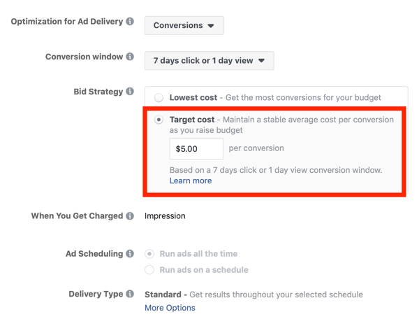 अपने फेसबुक विज्ञापन लागत को कम करने के लिए युक्तियाँ, लक्ष्य लागत को लक्षित करने के लिए बोली रणनीति निर्धारित करने का विकल्प