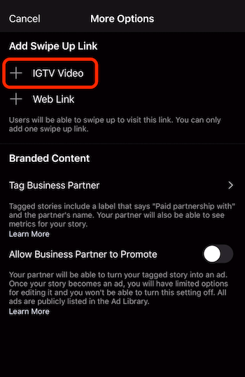 IGTV वीडियो के लिए स्वाइप अप लिंक जोड़ने का विकल्प