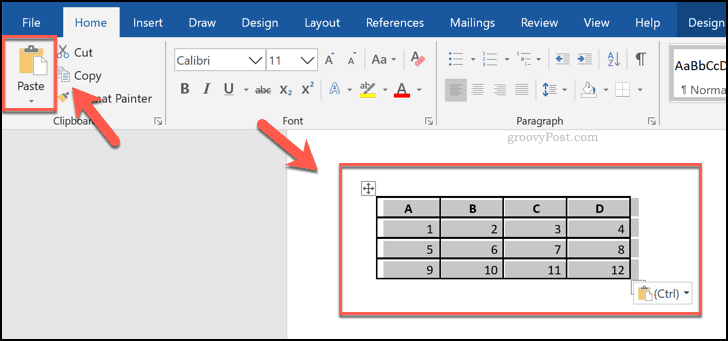 Excel स्प्रेडशीट से पास्ट की गई सेल, वर्ड में टेबल के रूप में दिखाई जाती है