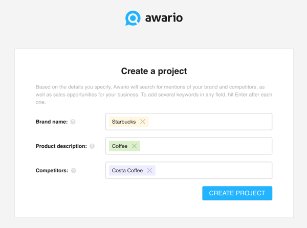 सोशल मीडिया सुनने के लिए Awario का उपयोग कैसे करें, चरण 1 एक परियोजना बनाएं।