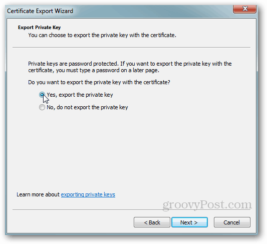 Windows प्रमाणपत्र निर्यात - निजी कुंजी हाँ