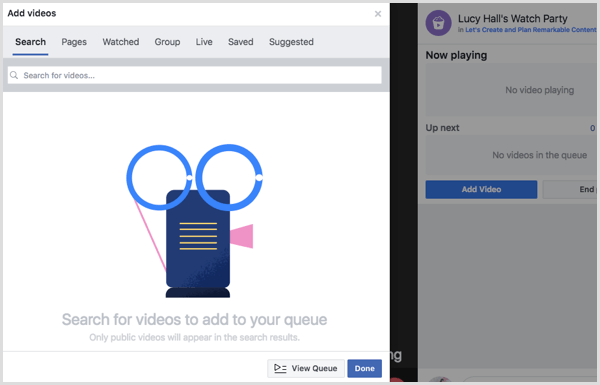 अपने फेसबुक वॉच पार्टी कतार में वीडियो जोड़ने के लिए एक स्रोत चुनें।