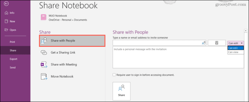 OneNote डेस्कटॉप में एक नोटबुक साझा करें