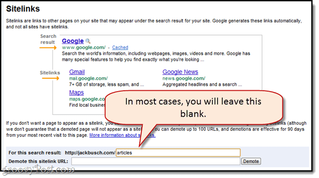 Google वेबमास्टर टूल में साइटलिंक को तोड़ना