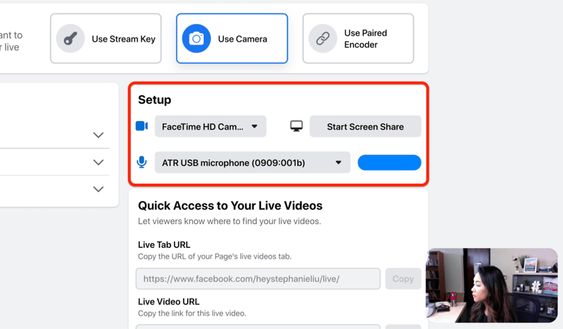 अपने कैमरे और माइक्रोफोन और / या स्क्रीन शेयर का चयन करने के लिए फेसबुक लाइव स्ट्रीम सेटअप विकल्प