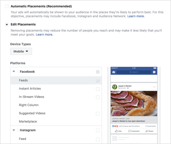 Facebook सगाई विज्ञापन के लिए प्लेसमेंट चुनें।
