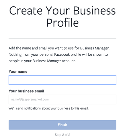 अपना Facebook Business Manager खाता सेट करने के लिए अपना नाम और कार्य ईमेल दर्ज करें।