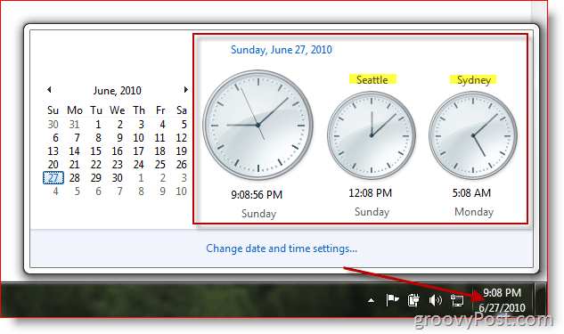 माइक्रोसॉफ्ट विंडोज 7 विभिन्न टाइमज़ोन में अतिरिक्त घड़ियों को प्रदर्शित करता है